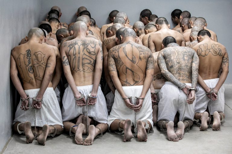 El Salvador's government transfer gang members to new mega-prison, in Tecoluca