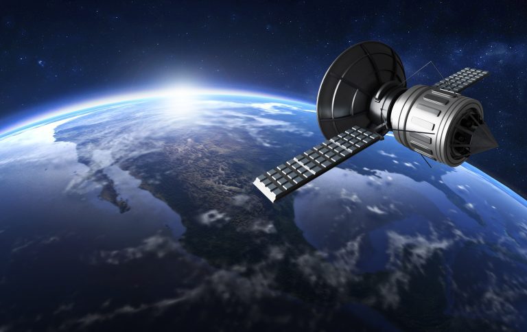 3D render of GPS satellite in orbit around the world